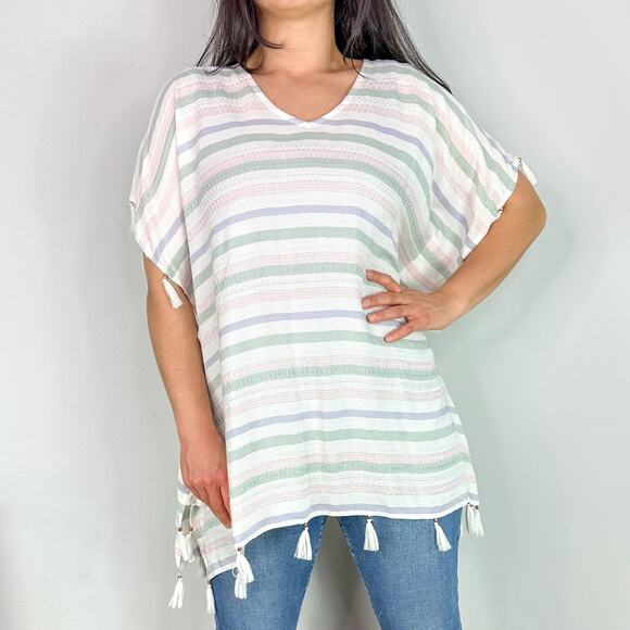 Surf Gypsy White Pastel Striped Swim Cover Up with Tassels - Picture 1 of 10
